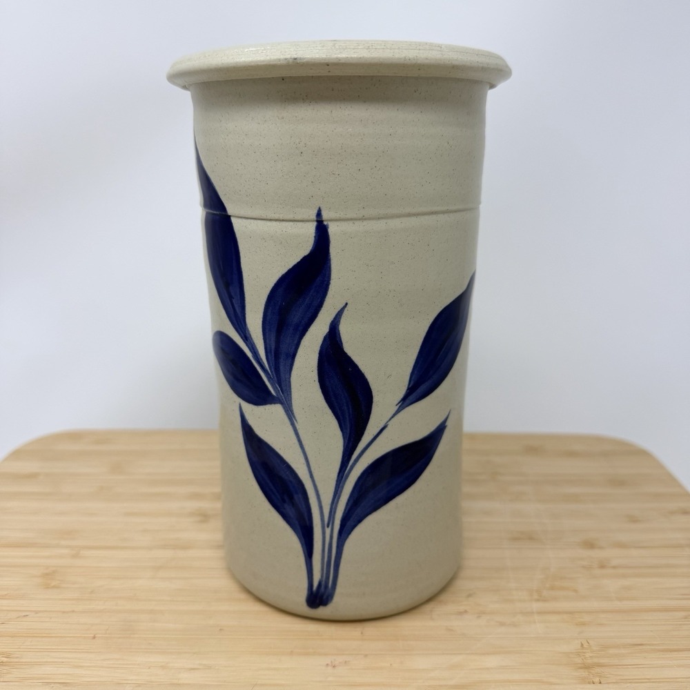 Williamsburg Pottery Blue Leaf Plant Vase Utensil Holder Jar Cobalt